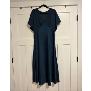 Taylor V-Neck Short Flutter Sleeve Satin Midi Dress